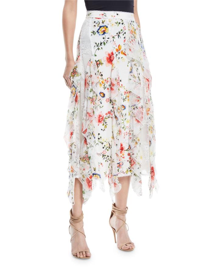 Yula Lace Godet Skirt With Floral-print Ruffled Frills