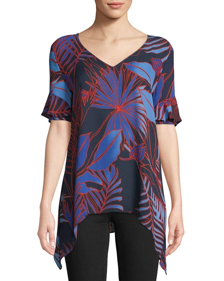 Leaf-print V-neck Short-sleeve Handkerchief Top