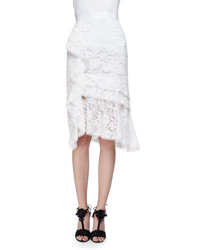 Tiered-lace Pencil Skirt W/ruffle, Ivory/multi