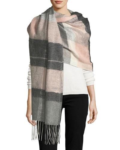 Plaid Blanket Scarf With Fringe Trim