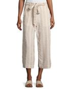 Tie-belt Wide-leg Linen-blend Crop Pants, Khaki