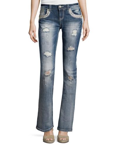 Embellished Destroyed Boot-cut Jeans,