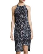 Tiered-hem Feather-print Sheath Dress, Blue Pattern