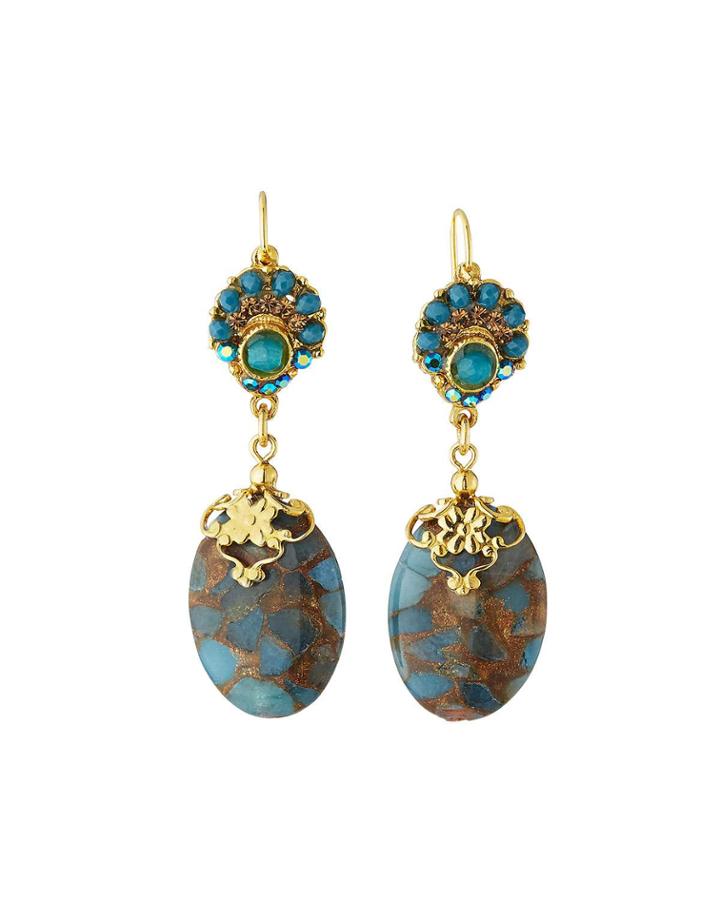 Mosaic Agate Oval-drop Earrings, Teal