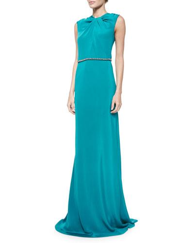 Sleeveless Embellished-waist Gown, Peacock