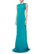 Sleeveless Embellished-waist Gown, Peacock
