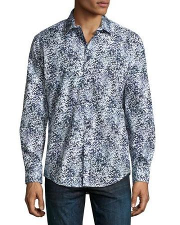 Printed Button-front Sport Shirt, Navy/white