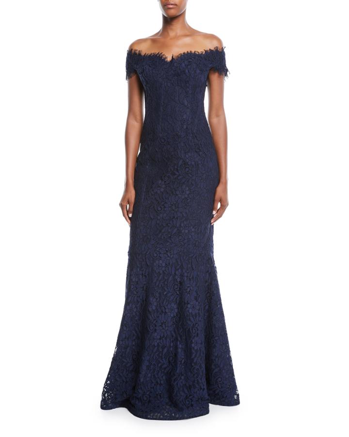 Off-the-shoulder Lace Trumpet Evening Gown W/ Godet