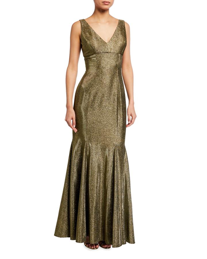 Long Metallic Knit V-neck Godet Gown