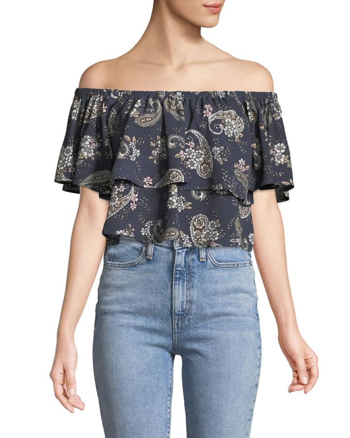 Off-the-shoulder Paisley Ruffle Blouse