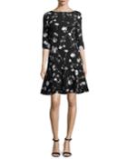 3/4-sleeve Poppy-print Day Dress