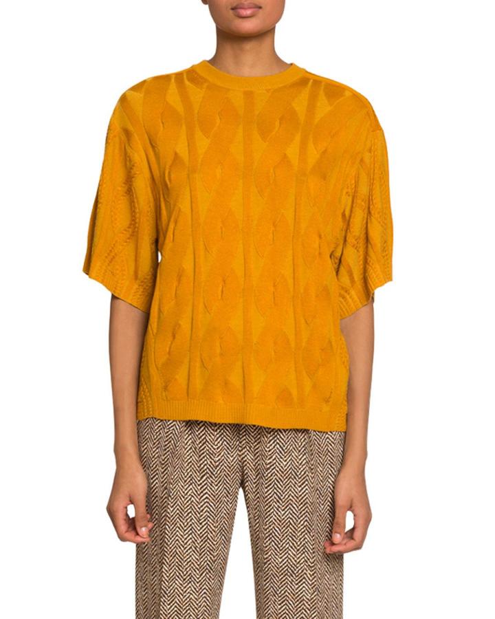 Short-sleeve Cable-knit Wool-silk