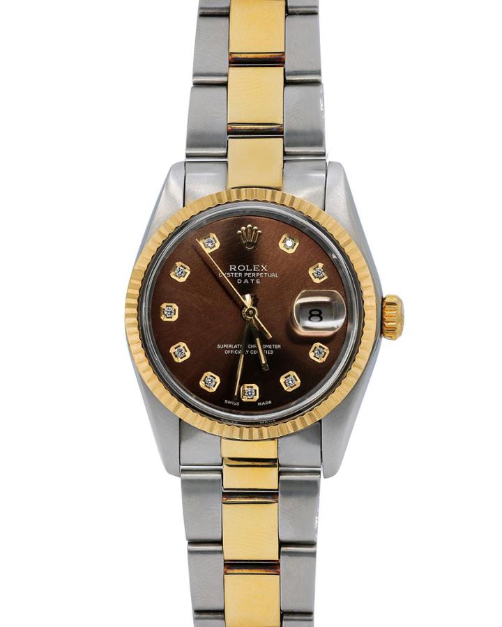 Pre-owned 34mm Oyster Perpetual Datejust Watch With Diamonds, Gold/steel/brown