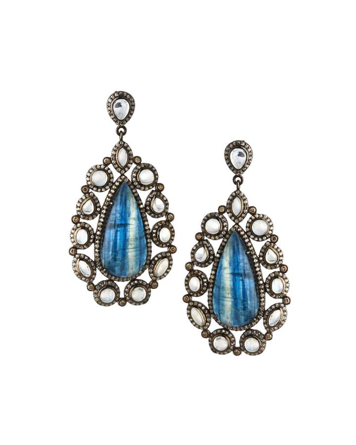Black Silver Marquise Drop Earrings With Kyanite, Moonstone & Diamonds