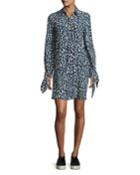 Leopard-print Pleated Shirtdress, Blue