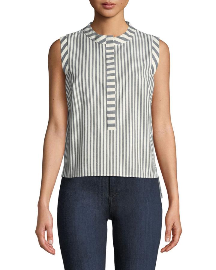 Pleated-back Sleeveless Striped Cotton-blend