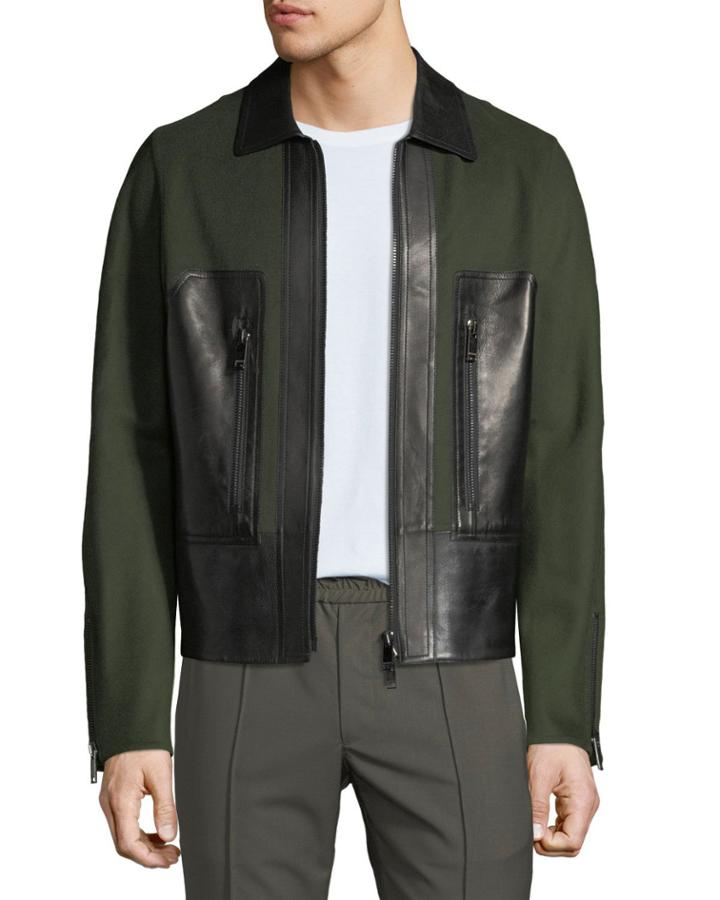 Men's Long-sleeve Wool-blend & Leather Panel Jacket