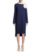Long-sleeve Midi Dress With Satin