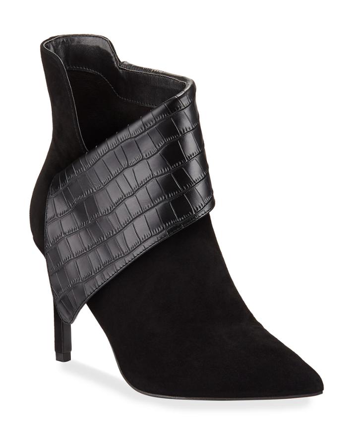 Deluxe Croc-embossed Mixed Leather Fold-over Booties