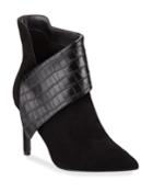Deluxe Croc-embossed Mixed Leather Fold-over Booties