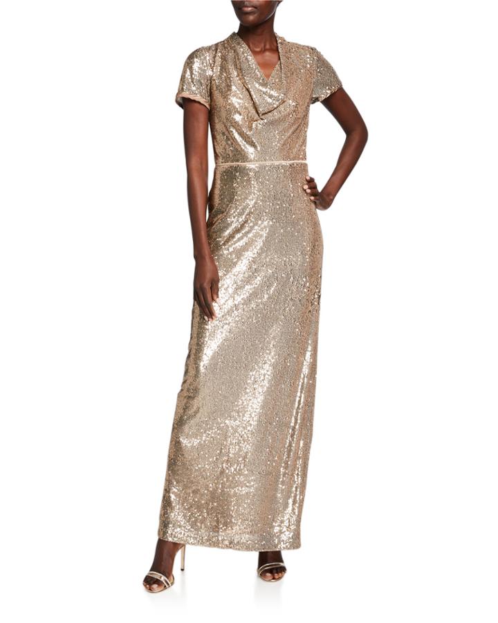 Cowl-neck Sequin Column Gown