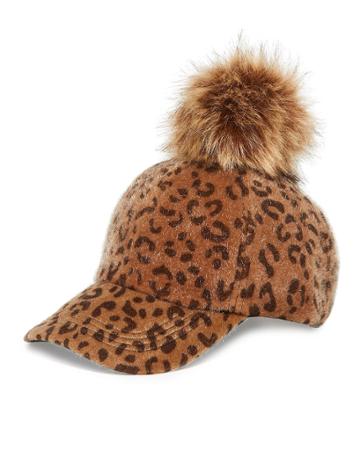 Leopard-print Faux Fur Baseball Cap W/ Pompom