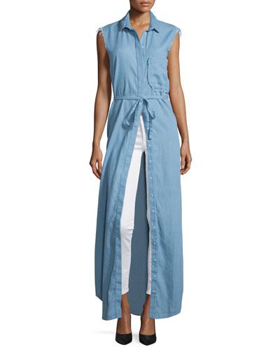 Chambray Sleeveless Maxi Shirtdress,