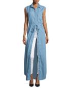 Chambray Sleeveless Maxi Shirtdress,