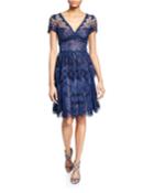 V-neck Short-sleeve Floral Eyelet Organza & Scalloped Guipure