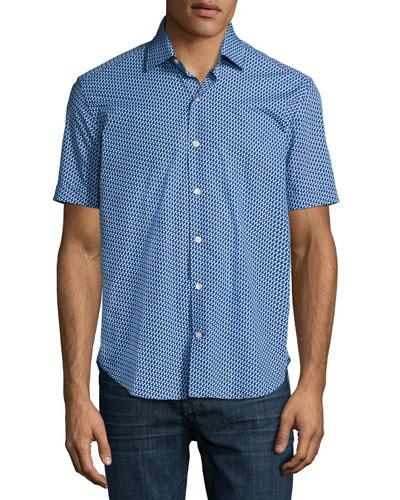 Flowers Short-sleeve Sport Shirt, Navy/aqua/white