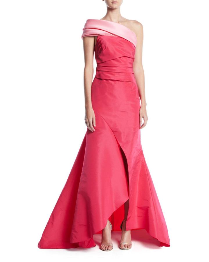 One-shoulder Draped-bodice Slit-front Evening Gown