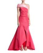 One-shoulder Draped-bodice Slit-front Evening Gown