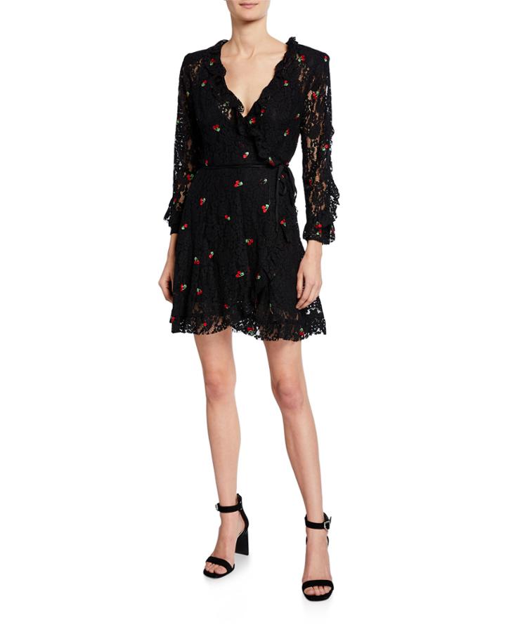 Cherry-embroidered Lace Wrap Dress W/ Waist Tie