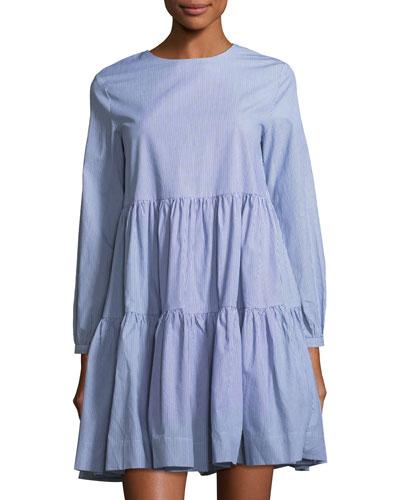 Pinstripe Long-sleeve Tiered Dress