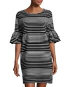Ottoman Stripe Flutter-sleeve Dress, Black/white