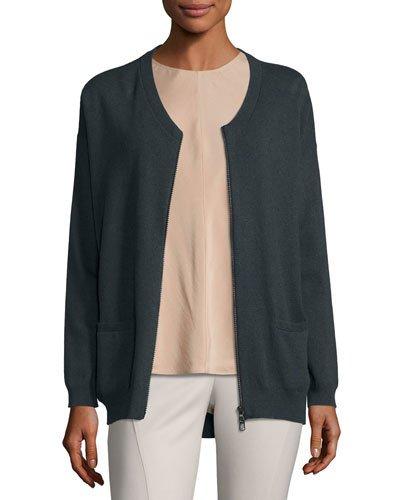 Zip-front Cashmere Cardigan, Gray