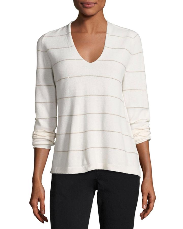 V-neck Striped Cashmere Sweater, Cloud