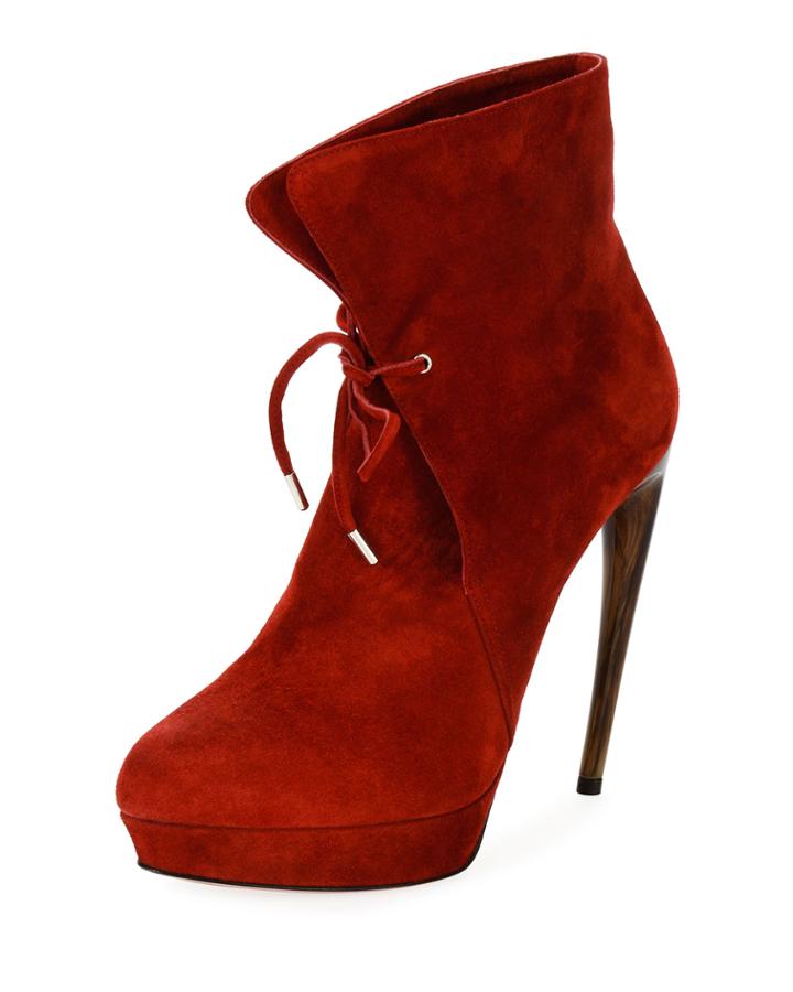 Lace-up Suede Platform Bootie, Crimson