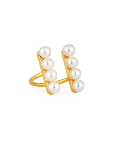 Minimalist Pearl Bar Open-front Ring, Gold