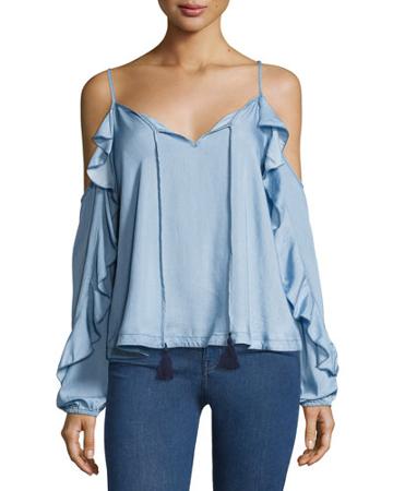 Ruffled Long-sleeve Cold-shoulder Chambray Top,