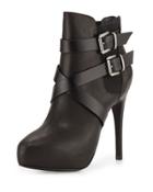 Fame Buckle Leather Platform Bootie, Black