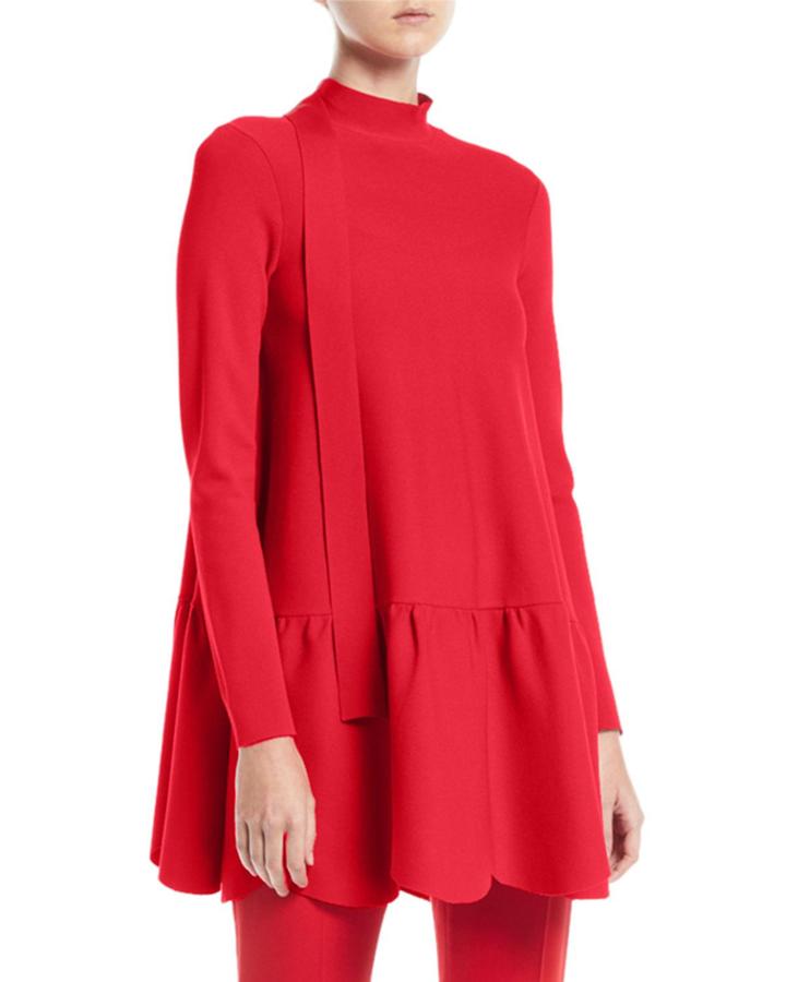Mock-neck Long-sleeve Scalloped Hem Knit Top