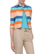 Striped 3/4-sleeve Cropped Jacket, Turquoise/marigold