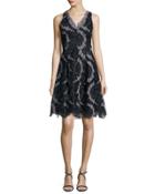 Sleeveless Printed Floral Lace Cocktail Dress, Black/gunmetal