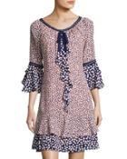 Confetti-print 3/4-sleeve Shift Dress, Blue Pattern