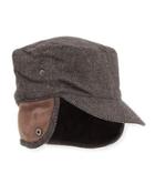 Herringbone Wool Newsboy Hat With Fur Trim