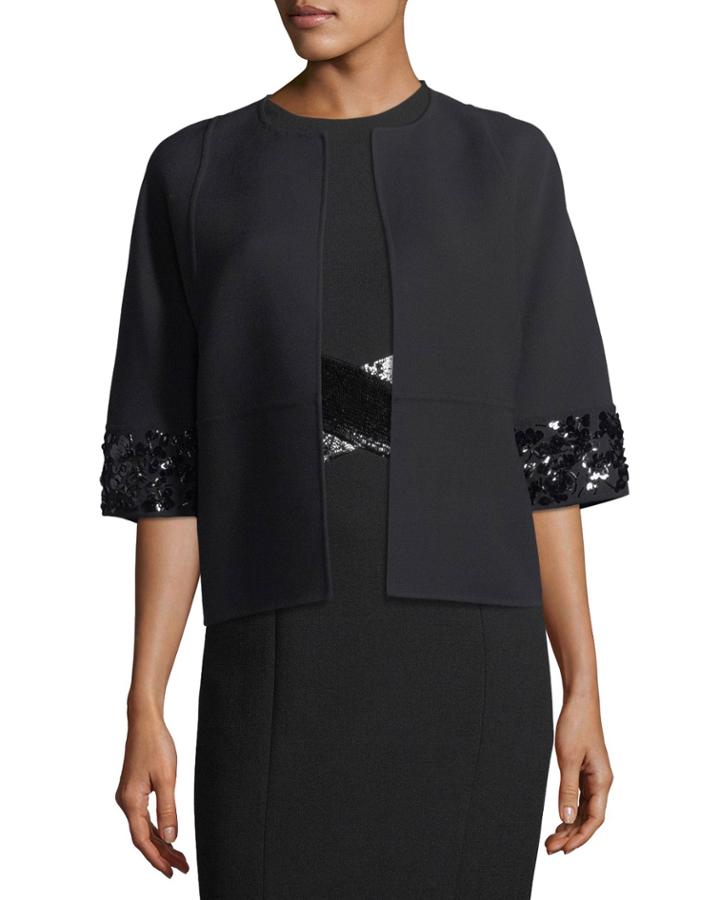 Open-front Elbow-sleeve Crepe Wool Jacket W/
