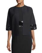 Open-front Elbow-sleeve Crepe Wool Jacket W/