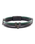 Men's Three-row Leather Bracelet With Stainless Steel, Green/black