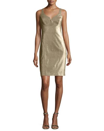 Metallic V-neck Sleeveless Cocktail Dress, Gold